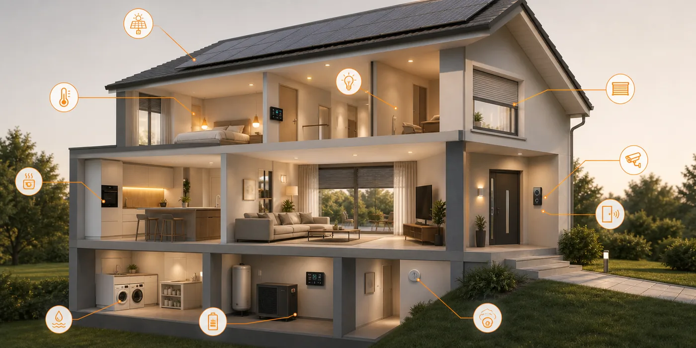 Haus-Querschnitt mit Smarthome-Anwendungsfällen wie Licht, Rollläden, Sicherheit, Energie und Sensoren