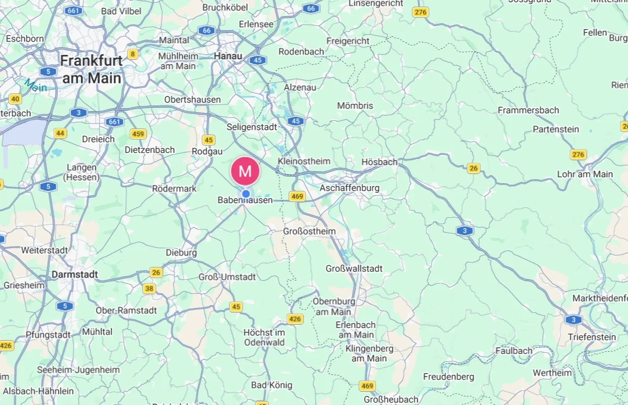 Karte des Einsatzgebiets mit Babenhausen im Zentrum und markiertem Radius